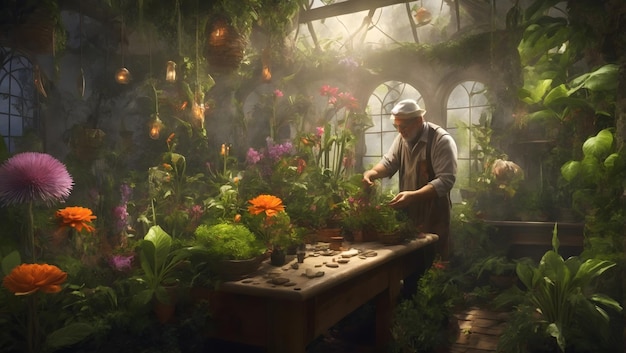 Ilustre uma cena em que um botânico cuida de plantas de outro mundo