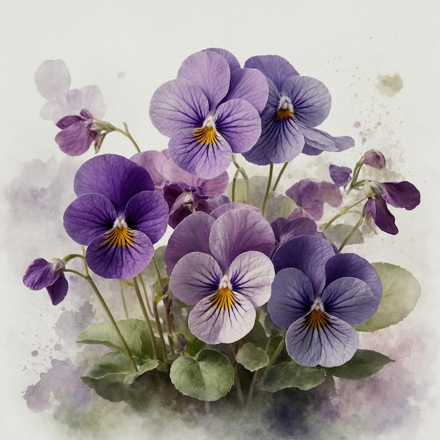 Ilustre uma imagem artística de violetas com um efeito de aquarela misturando tons pastel suaves