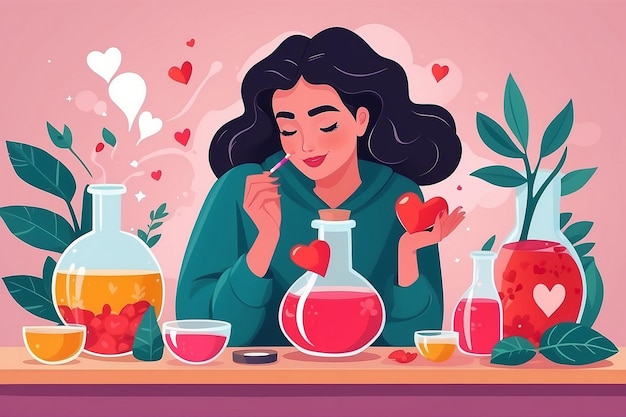 Ilustre uma pessoa criando uma poção de amor próprio com ingredientes positivos