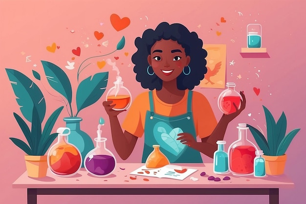 Ilustre uma pessoa criando uma poção de amor próprio com ingredientes positivos