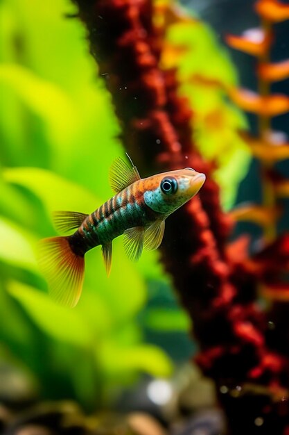 Foto im aquarium mit pflanzen und steinen der spinytail hat eine vielzahl von farbvarianten, darunter rot, orange, gelb, blau und grün ai generative