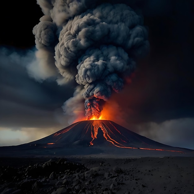 Im Bild eines massiven Vulkanausbruchs wellen sich Wolken auf, die von KI hervorgerufen wurden.