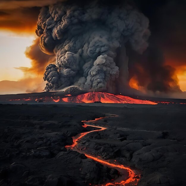 Im Bild eines massiven Vulkanausbruchs wellen sich Wolken auf, die von KI hervorgerufen wurden.