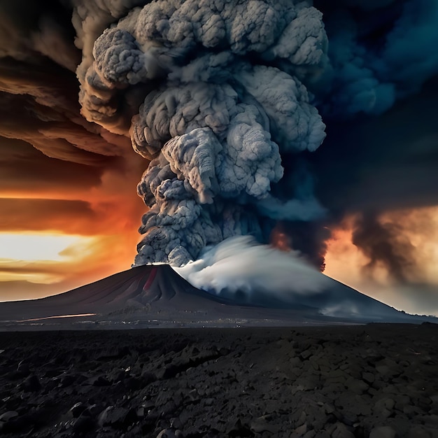 Im Bild eines massiven Vulkanausbruchs wellen sich Wolken auf, die von KI hervorgerufen wurden.