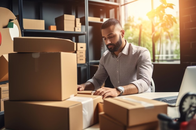 Im Büro ist der Logistik-Spezialist damit beschäftigt, das Paket zu übergeben, und der Schreibtisch ist voller allerlei Sachen.