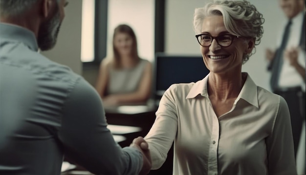 Im Büro schüttelt eine hinreißend lächelnde ältere Frau einem lächelnden jungen Mann die Hand, um ein gutes Geschäft zu feiern. Kollegen danken Generative AI für ihre Unterstützung