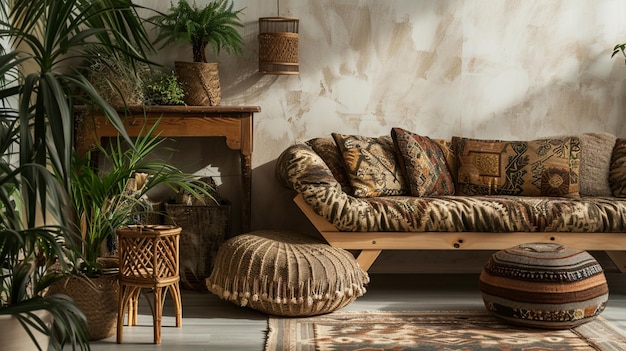 im Detail Wohnzimmer mit böhmischem Interieur Komfort Sofa und Kissen ethnisches Muster AI Generative