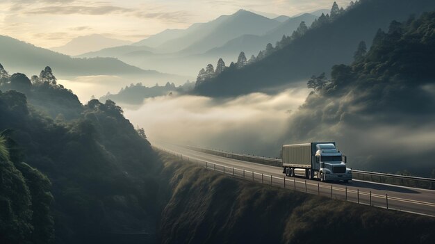 Foto im dichten morgennebel transportiert ein einsamer lastwagen fracht über majestätische bergpässe