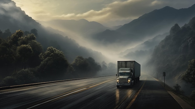 Foto im dichten morgennebel transportiert ein einsamer lastwagen fracht über majestätische bergpässe