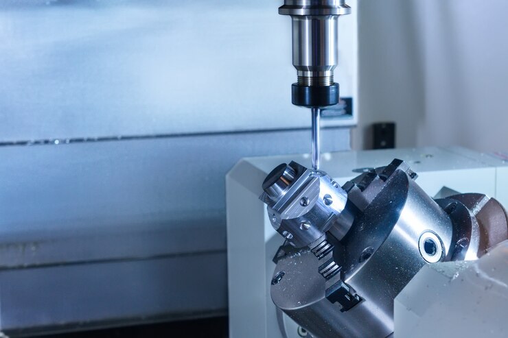 Im Drehfutter eingespannte Werkstücke der CNC-Fräsmaschine.