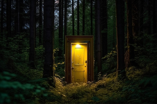 Im Dunkeln im Wald leuchtet eine Tür