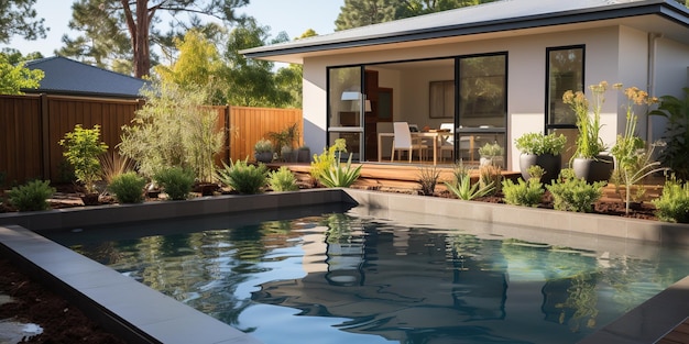 Im eingezäunten Hinterhof eines neu gebauten Hauses befindet sich ein rechteckiges Schwimmbad mit braunen Betonrändern