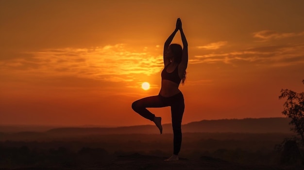 Im Einklang mit der Natur eine junge Frau in einer Yoga-Haltung, die sich gegen einen orangefarbenen Sonnenuntergang abhebt Die generative KI