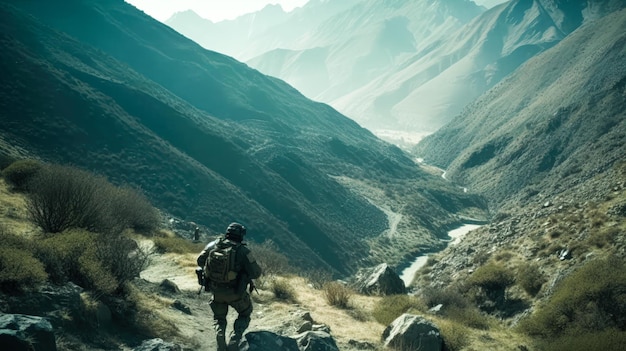 Im Einsatz in den Bergen Eine realistische Darstellung eines Militärteams auf einer Patrouillenmission