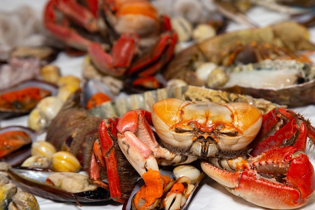 Im Fischrestaurant werden verschiedene Krabben ausgestellt.