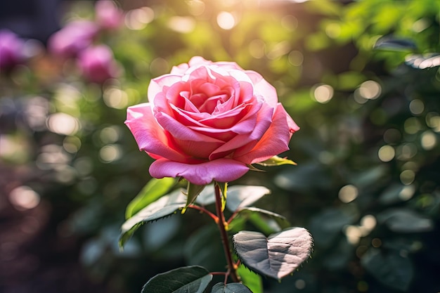 Im Garten blüht eine einzelne, leuchtend rosa Rose, die von der Seite betrachtet die Fokusverschiebung hervorragt ...