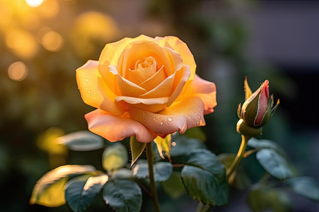 Im Garten blüht eine gelbe Rose.