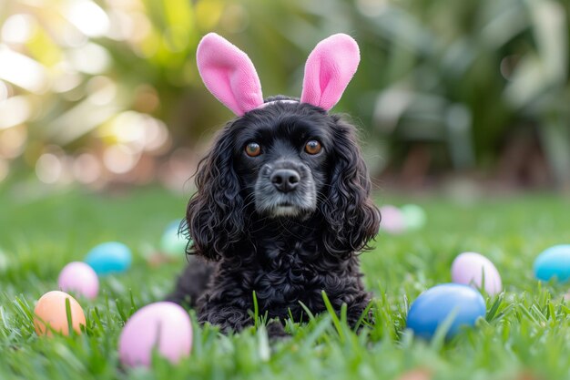 Im Garten sitzt ein schwarzer Spaniel mit Kaninchenohren unter verschiedenen bunten Ostereiern