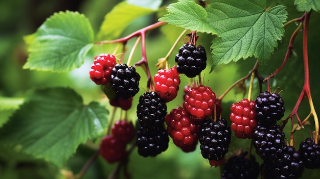 Im Garten wachsen Schwarzbeeren Reife und unreife Schwarzbeere auf einem Busch selektiver Fokus Generative KI