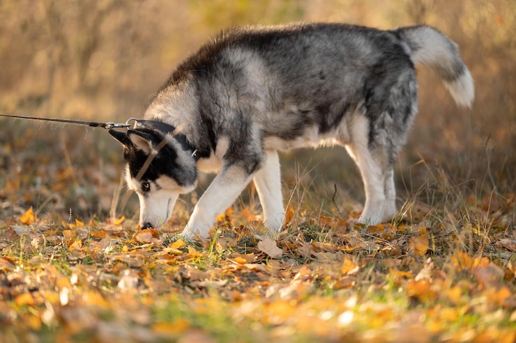 Im Herbst mit deinen Lieblings-Husky-Hunden im Park spazieren gehen.