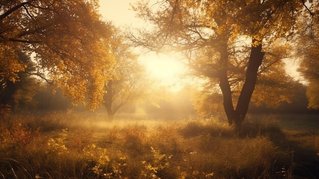 Im Herbst scheint die Sonne durch die Bäume.