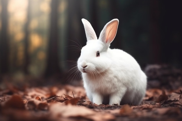 Im Herbst sitzt ein weißes Kaninchen im Wald.