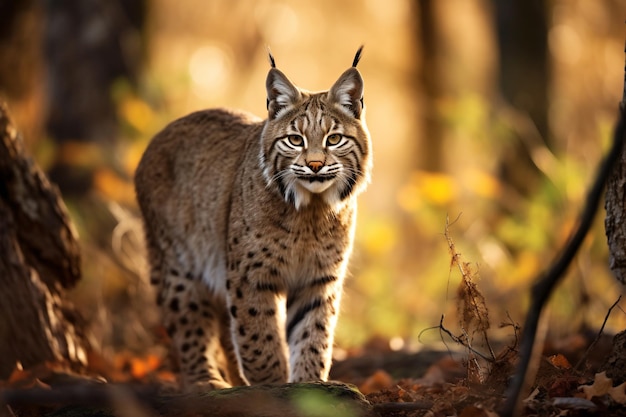 Im Herbst steht ein Luchs im Wald