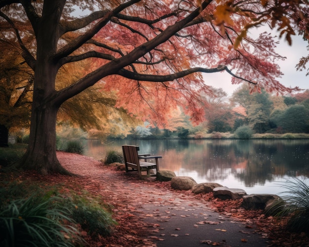 Im Herbst steht eine Bank neben einem See