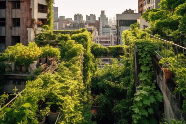 Im Herzen einer Stadt gedeiht ein Dachgarten, der inmitten der Betonstrukturen eine grüne Oase bietet. Generative KI