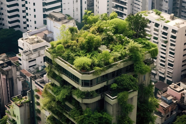 Im Herzen einer Stadt gedeiht ein Dachgarten, der inmitten der Betonstrukturen eine grüne Oase bietet. Generative KI