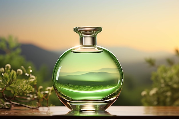 Im Hintergrund befindet sich eine grüne Glasflasche mit Blick auf die Berge