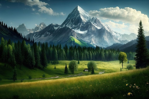 Im Hintergrund einer üppigen Wiese ragt eine majestätische Bergkette empor