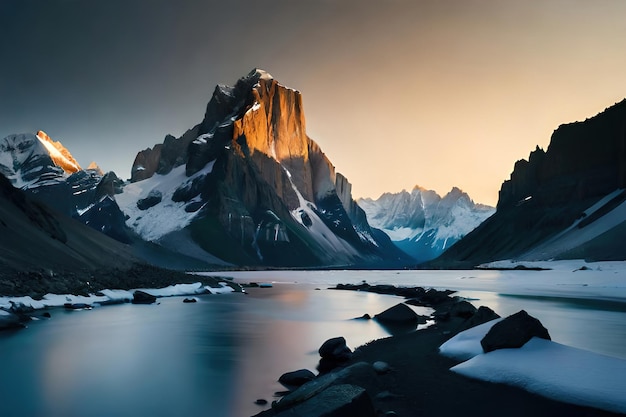 Im Hintergrund einer verschneiten Landschaft ist ein Berg zu sehen