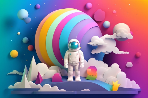 Im Hintergrund ist ein Astronaut zu sehen, der auf einem Regenbogen und dem Mond steht.