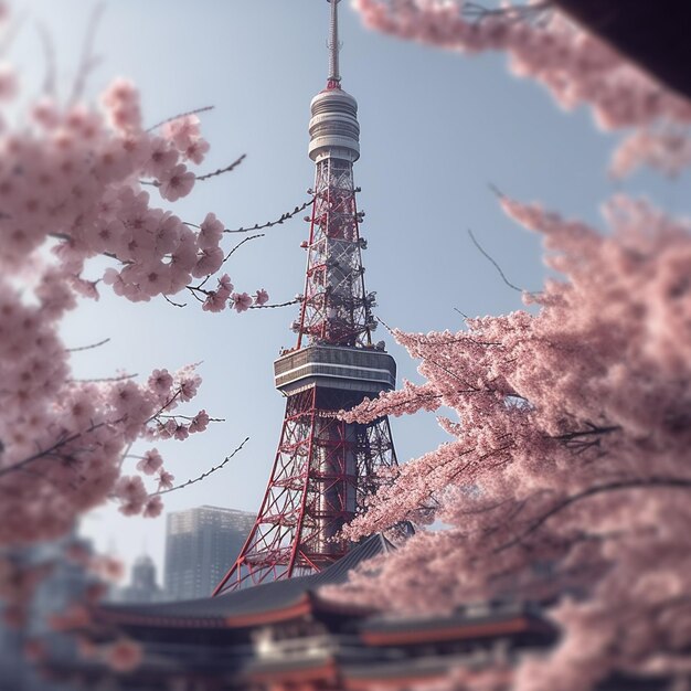 Im Hintergrund ist ein Turm mit rosa Blumen zu sehen