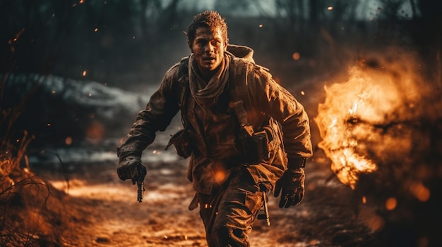 Im Hintergrund rennt ein Soldat an einem Feuer vorbei