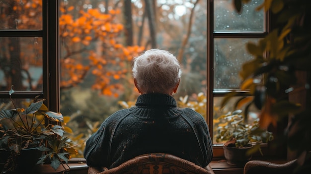 Im Hintergrund sitzt ein nachdenklicher Rentner auf einem Sessel und schaut aus dem Fenster. Er ist während des Krebs-Ausbruchs allein zu Hause.