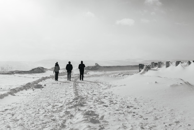 Im hohen kalten Norden laufen drei Menschen über das schneebedeckte Feld