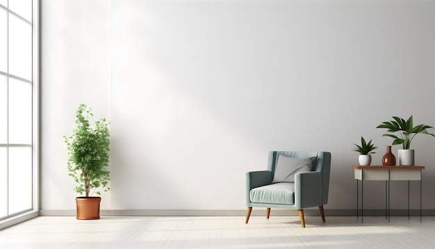 Im Innenraum steht ein Sessel vor einem makellos weißen Wandhintergrund