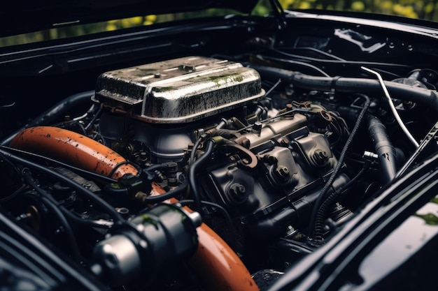 Im Inneren der rostigen Motorhaube ist der Motor zu sehen