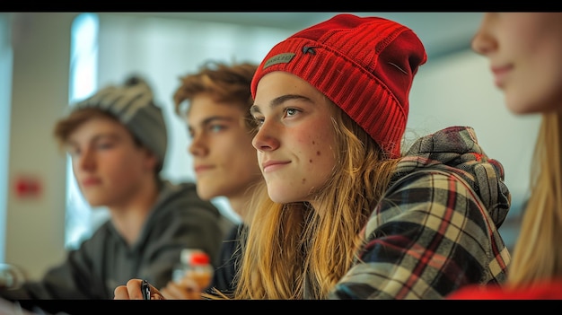 Im Klassenzimmer hören multiethnische Studenten einem Dozenten zu und schreiben in Notizbüchern Schlaue Jugendliche studieren am College