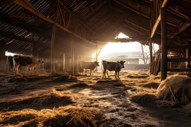 Im Kuhstall stehen Kühe, im Kuhstall wird viel sauberes Heu von der Morgensonne beleuchtet