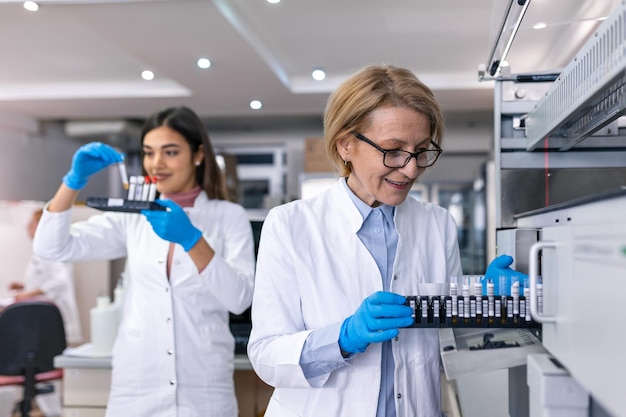 Im Labor Inspiziert Wissenschaftlerin medizinische Geräte, die Reagenzgläser mit Blutproben analysieren Team von Forschern arbeitet im pharmazeutischen Labor