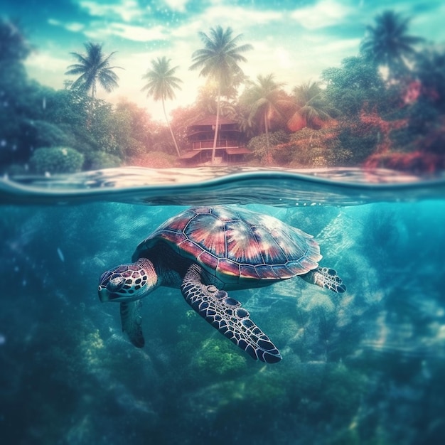 Im Meer schwimmt eine Schildkröte mit einem Haus im Hintergrund. Generative KI