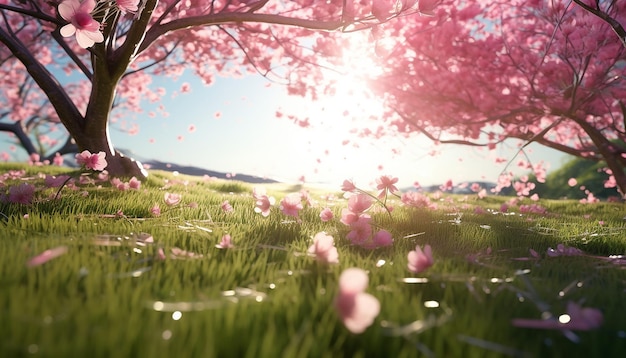 Im Morgenlicht ist das grüne Gras mit rosa Kirschblättern bedeckt