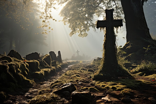 Im Nebel zwischen alten Bäumen taucht ein einsames Kreuz auf