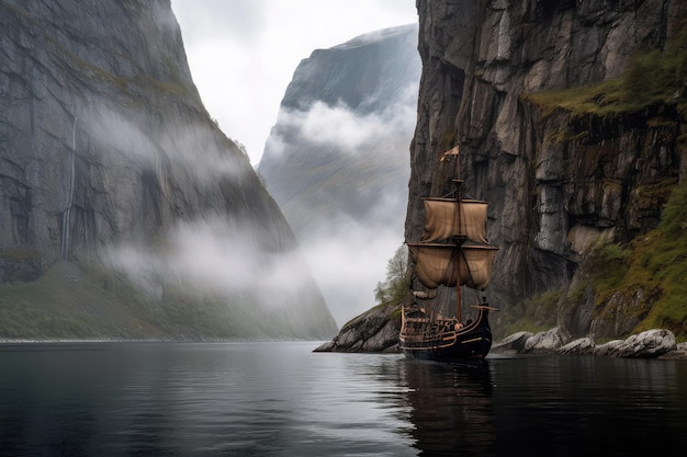 Im nebligen Fjord segelt ein Wikingerschiff an hoch aufragenden Klippen vorbei