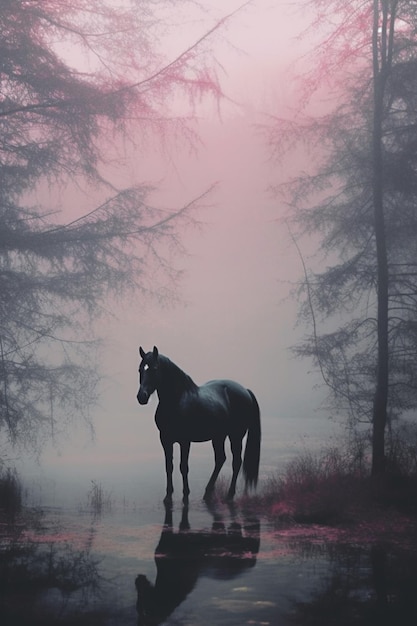 Im nebligen Wald steht ein Pferd im Wasser