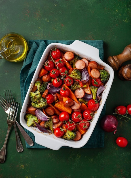 Im Ofen gebackenes Gemüse und Würstchen, gesundes Mittagessen, Süßkartoffeln, Zwiebeln, Tomaten, Brokkoli