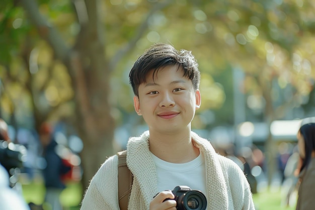 Im Park lächelt ein junger asiatischer Mann mit braunen Augen und schwarzen Haaren und hält eine Kamera